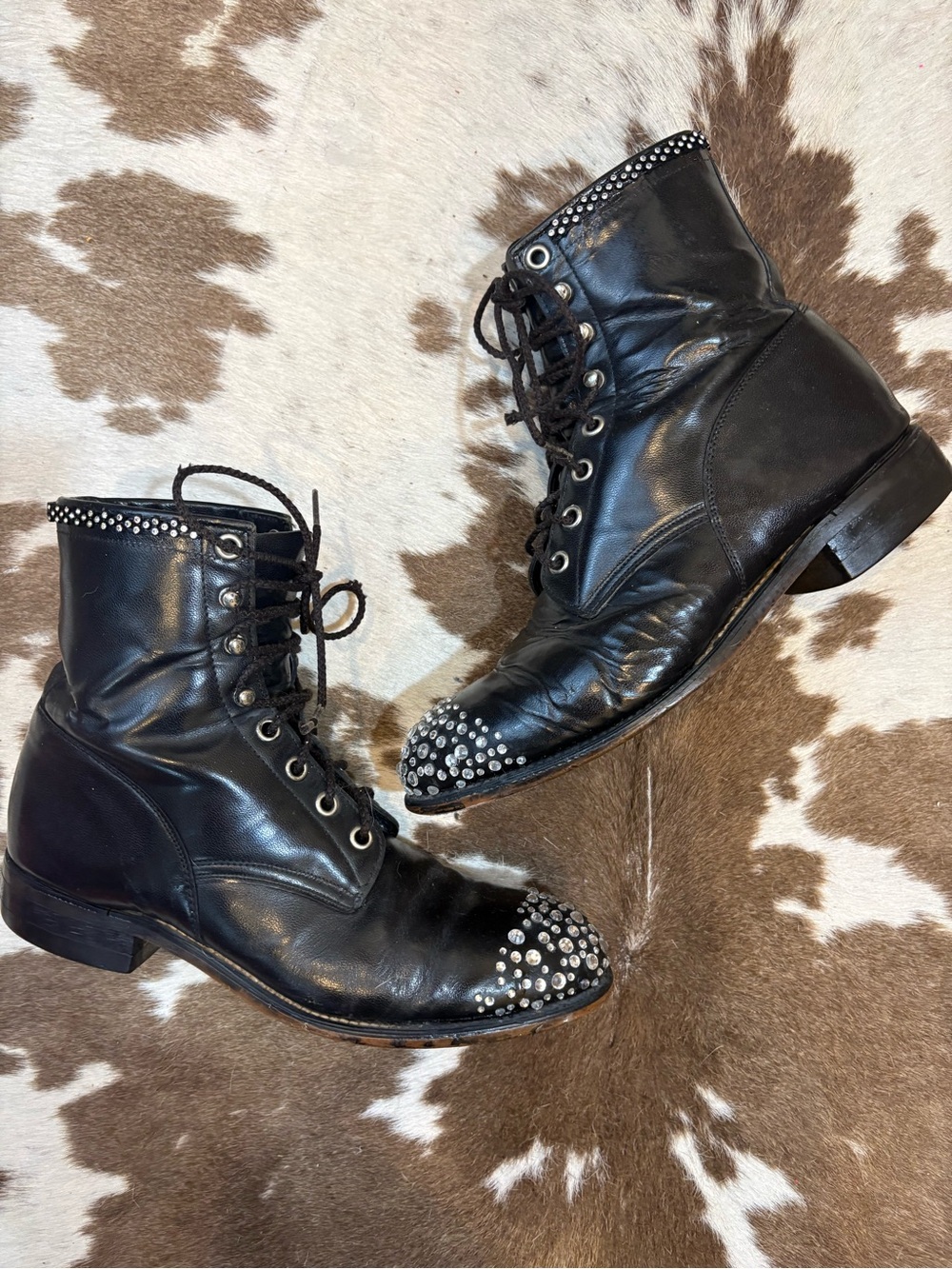 Justin Boots Black Studded Leather Lace-Up Heeled Boots